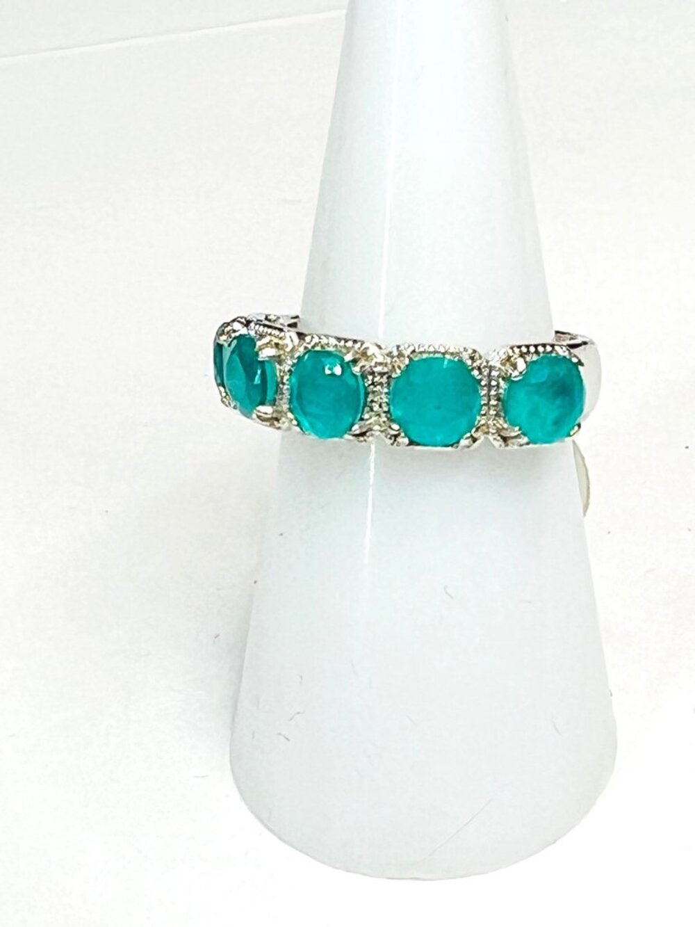 Ring Bomb Party Ring, Size 7,  green gemstones, silver color band